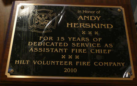 Commemorative plaque honoring retiring Assistant Fire Chief Andy Herskind