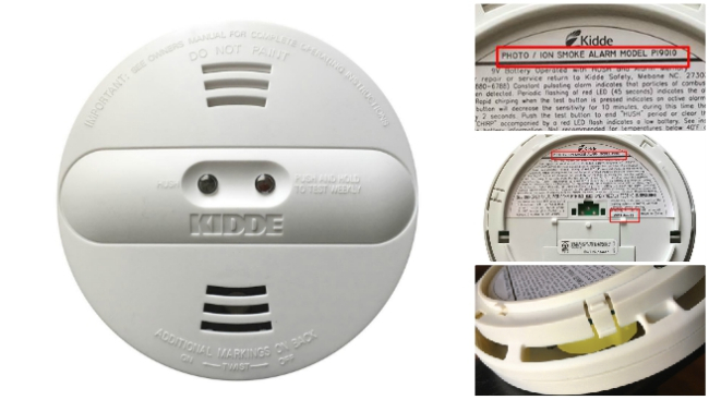 Front and back of Kidde smoke alarm with side view showing yellow cap